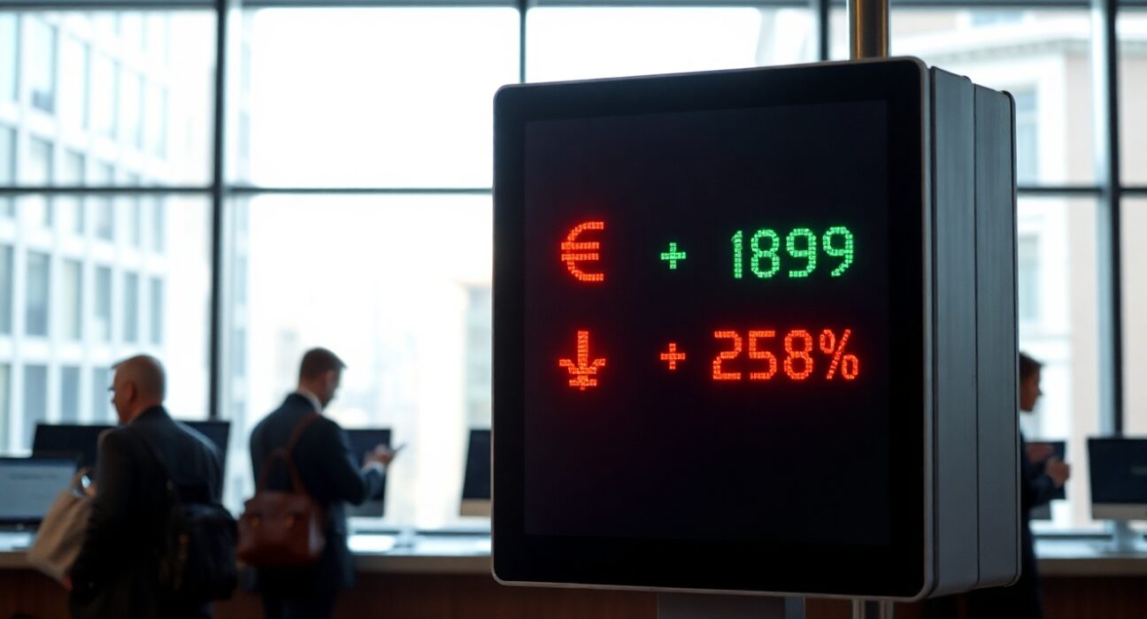 EUR/JPY exchange rate displayed on a digital board in a European financial district
