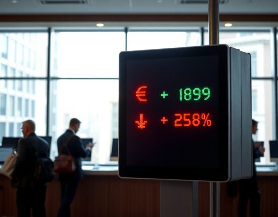 EUR/JPY exchange rate displayed on a digital board in a European financial district