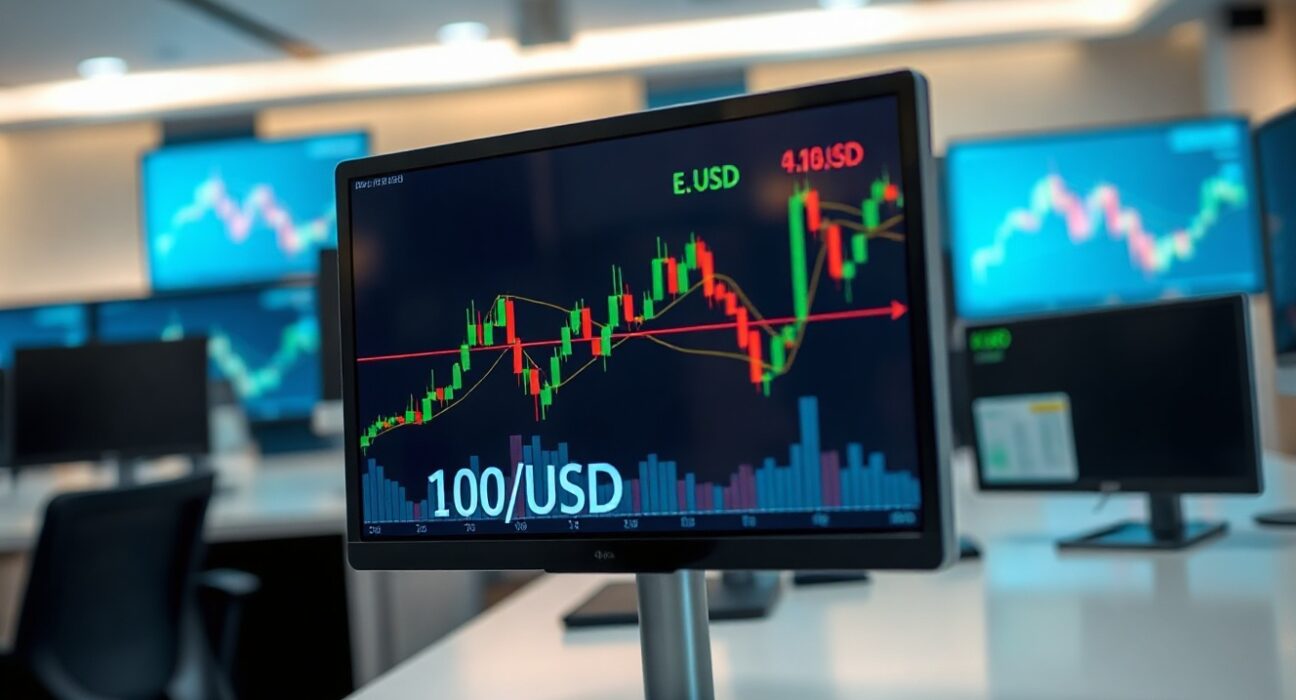 EUR/USD price chart with 100-day moving average on trading screen