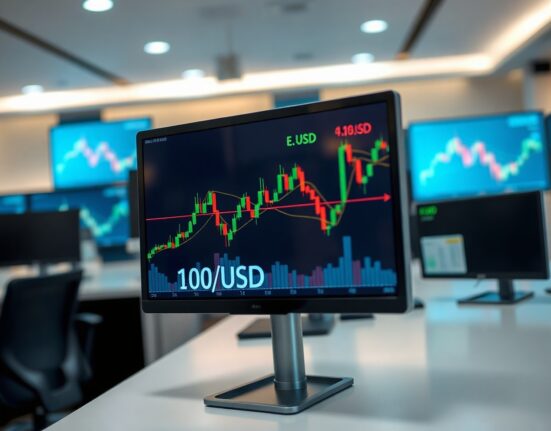 EUR/USD price chart with 100-day moving average on trading screen