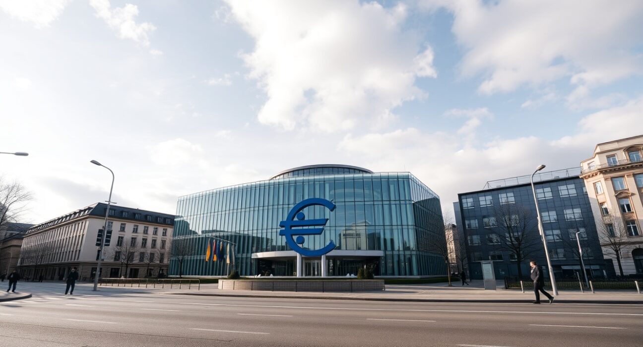 European Central Bank headquarters in Frankfurt under partly cloudy sky, representing euro stability and monetary policy.