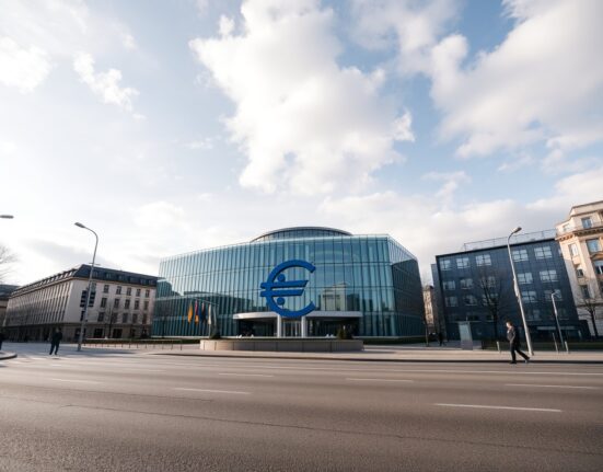 European Central Bank headquarters in Frankfurt under partly cloudy sky, representing euro stability and monetary policy.