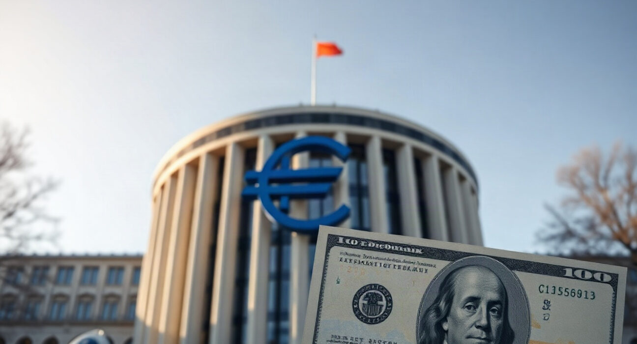 Euro symbol in front of the European Central Bank building with a US dollar bill in the foreground.