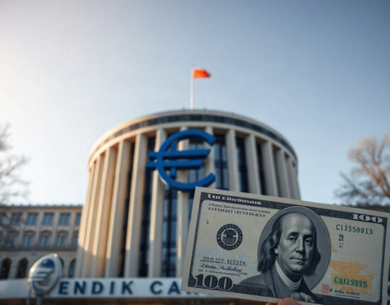 Euro symbol in front of the European Central Bank building with a US dollar bill in the foreground.