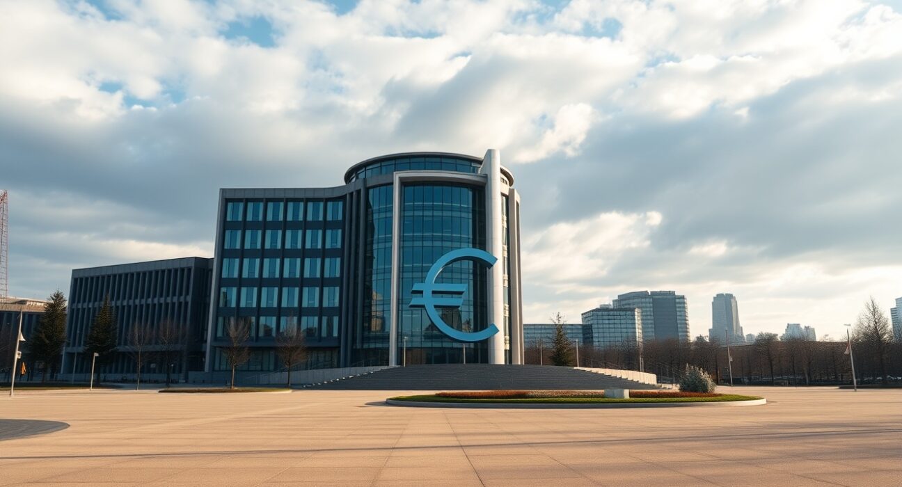 European Central Bank headquarters in Frankfurt, Germany, under a partly cloudy sky.