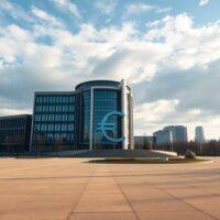 European Central Bank headquarters in Frankfurt, Germany, under a partly cloudy sky.