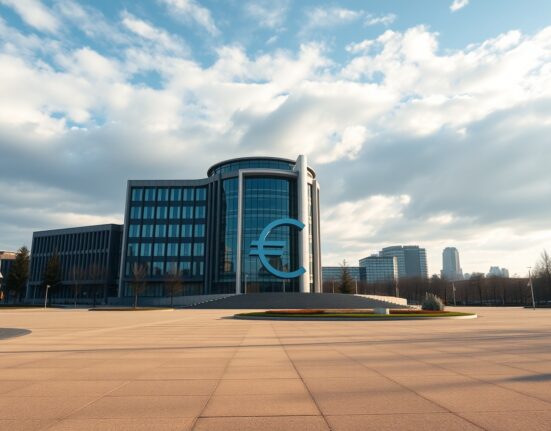 European Central Bank headquarters in Frankfurt, Germany, under a partly cloudy sky.
