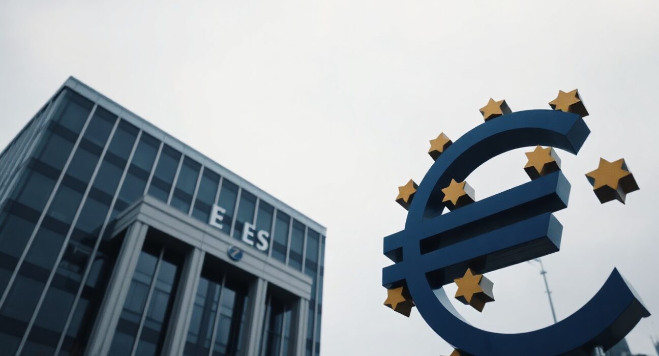 European Central Bank building in Frankfurt with Euro symbol, representing currency market stability amid geopolitical events.