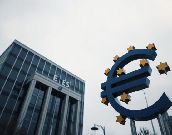 European Central Bank building in Frankfurt with Euro symbol, representing currency market stability amid geopolitical events.