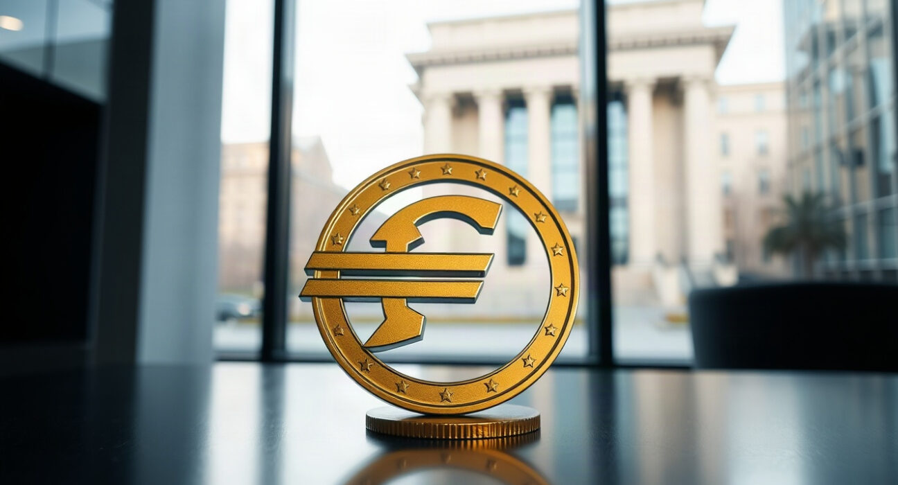 Euro coin symbol on reflective surface with ECB building in background