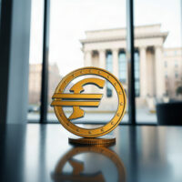 Euro coin symbol on reflective surface with ECB building in background