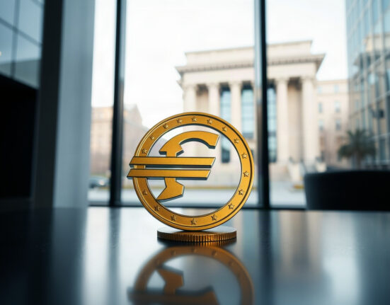 Euro coin symbol on reflective surface with ECB building in background
