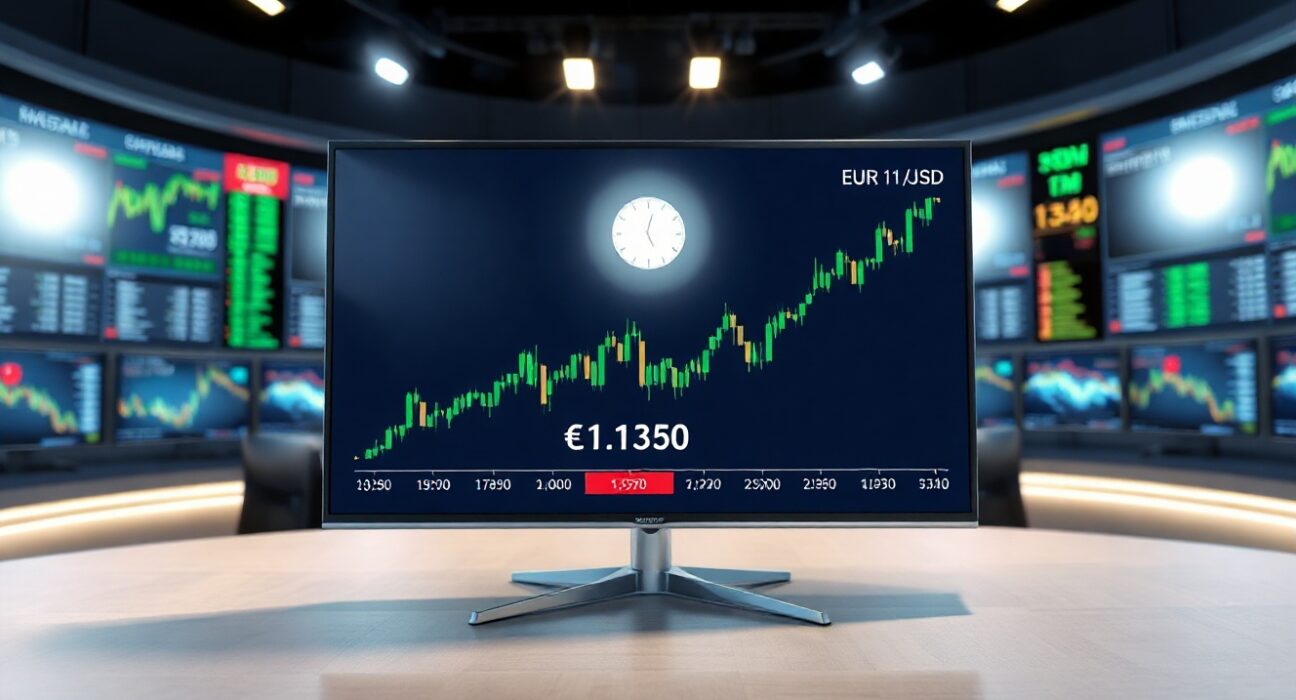 EUR/USD chart showing price above 1.1350 in a financial news studio.