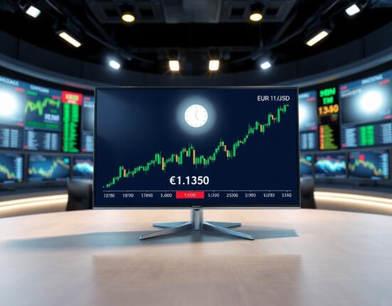 EUR/USD chart showing price above 1.1350 in a financial news studio.