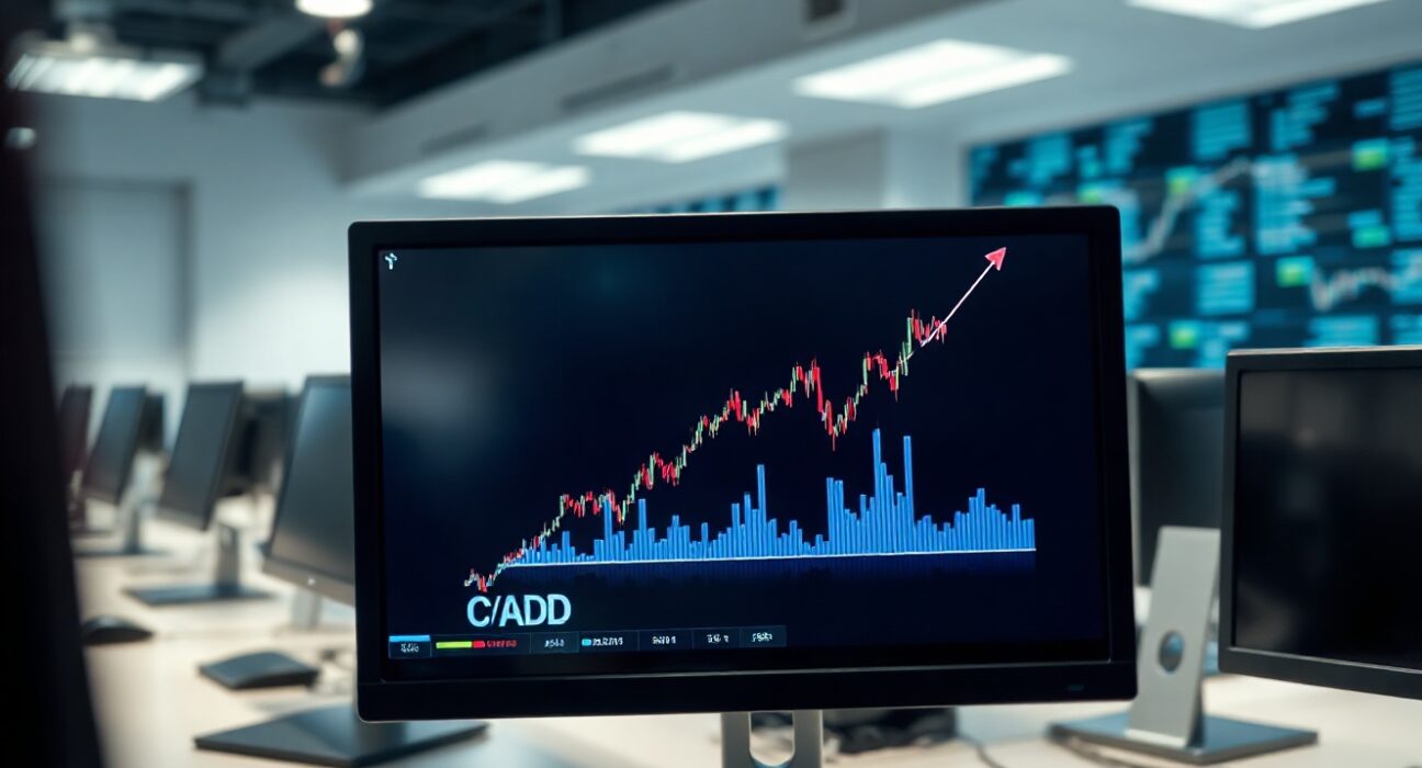 EUR/CAD currency pair chart on a monitor in a trading office