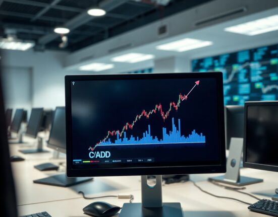 EUR/CAD currency pair chart on a monitor in a trading office