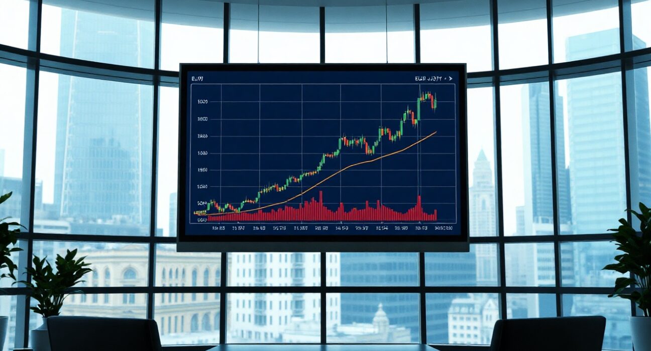 EUR/JPY currency chart showing upward trend in a modern financial trading room
