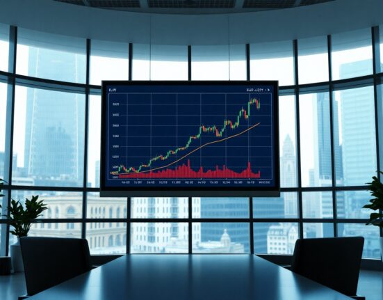 EUR/JPY currency chart showing upward trend in a modern financial trading room