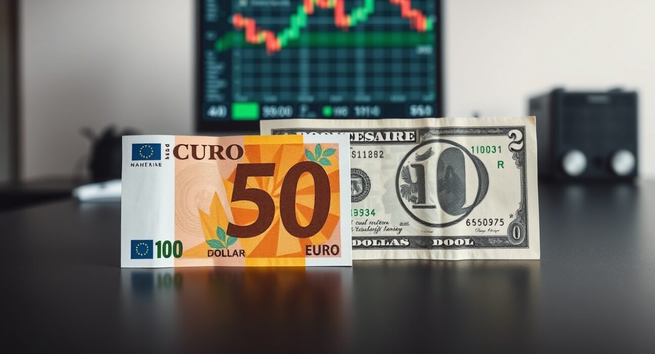 Euro and US Dollar banknotes on a desk with a financial chart in the background.