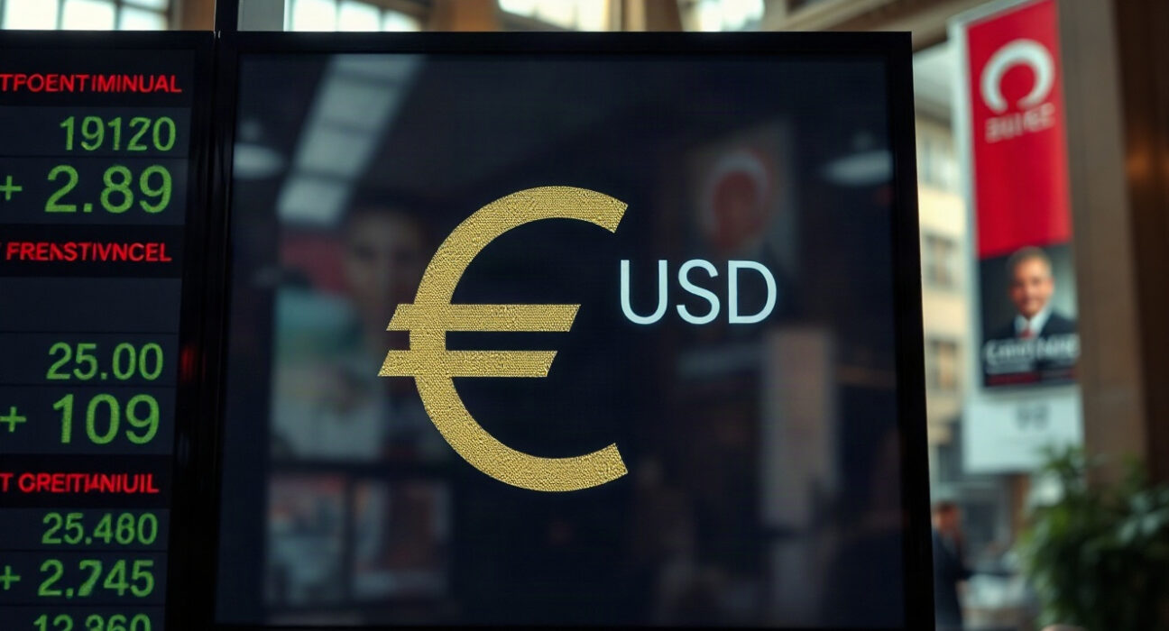 EUR/USD currency pair on a trading screen with financial district in background
