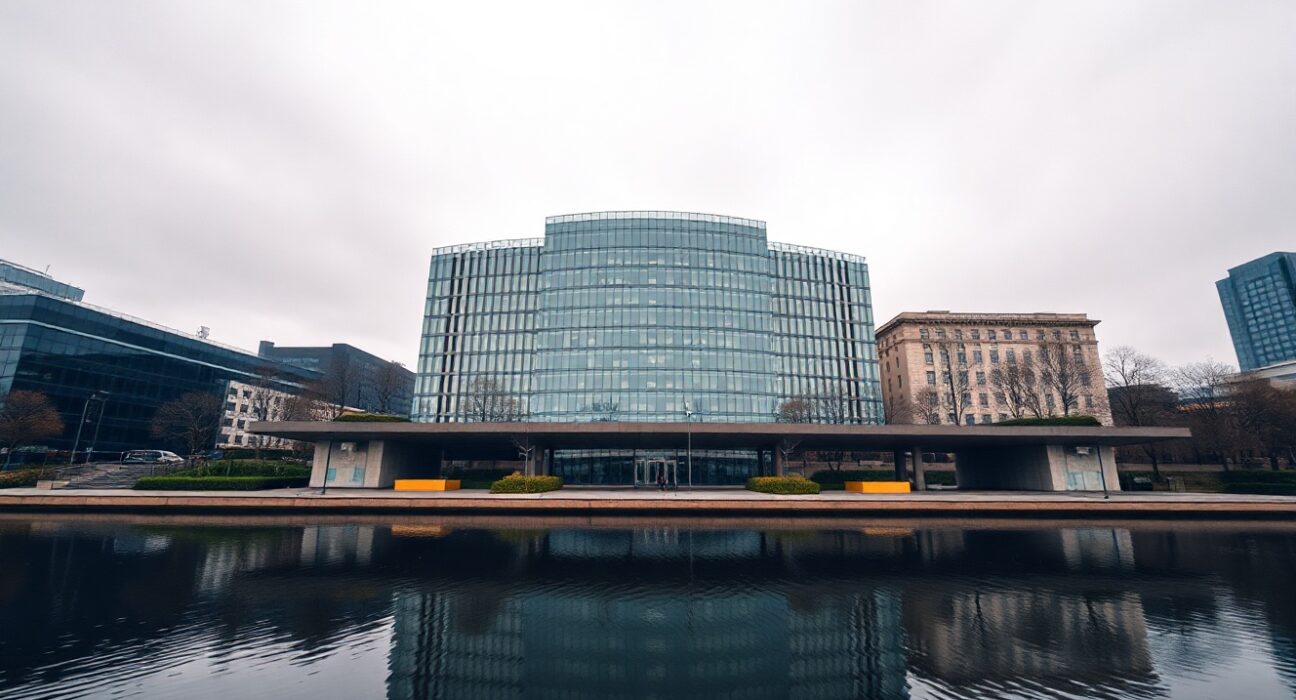 European Central Bank headquarters in Frankfurt on a cloudy day, reflecting in the Main River.