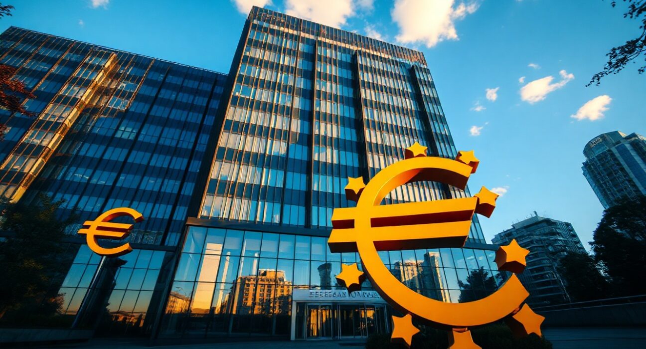 European Central Bank building in Frankfurt with Euro symbol in foreground