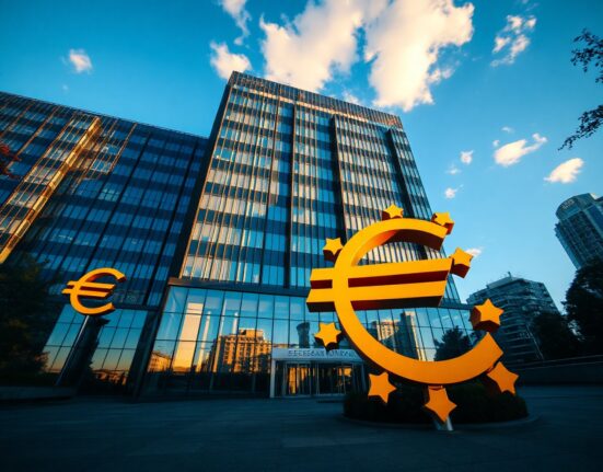 European Central Bank building in Frankfurt with Euro symbol in foreground