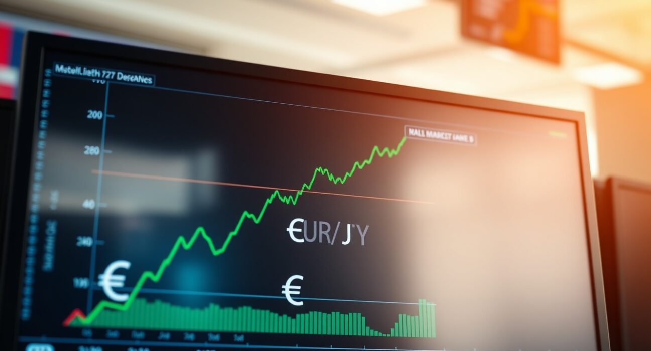 EUR/JPY financial chart showing upward trend on a trading screen
