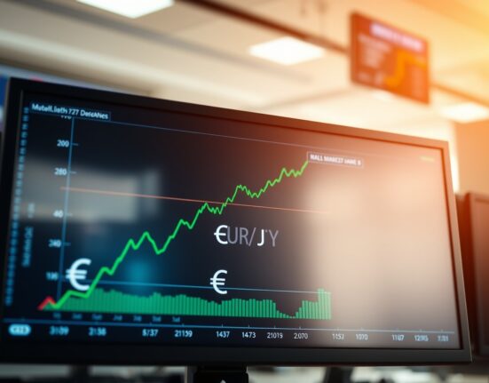 EUR/JPY financial chart showing upward trend on a trading screen