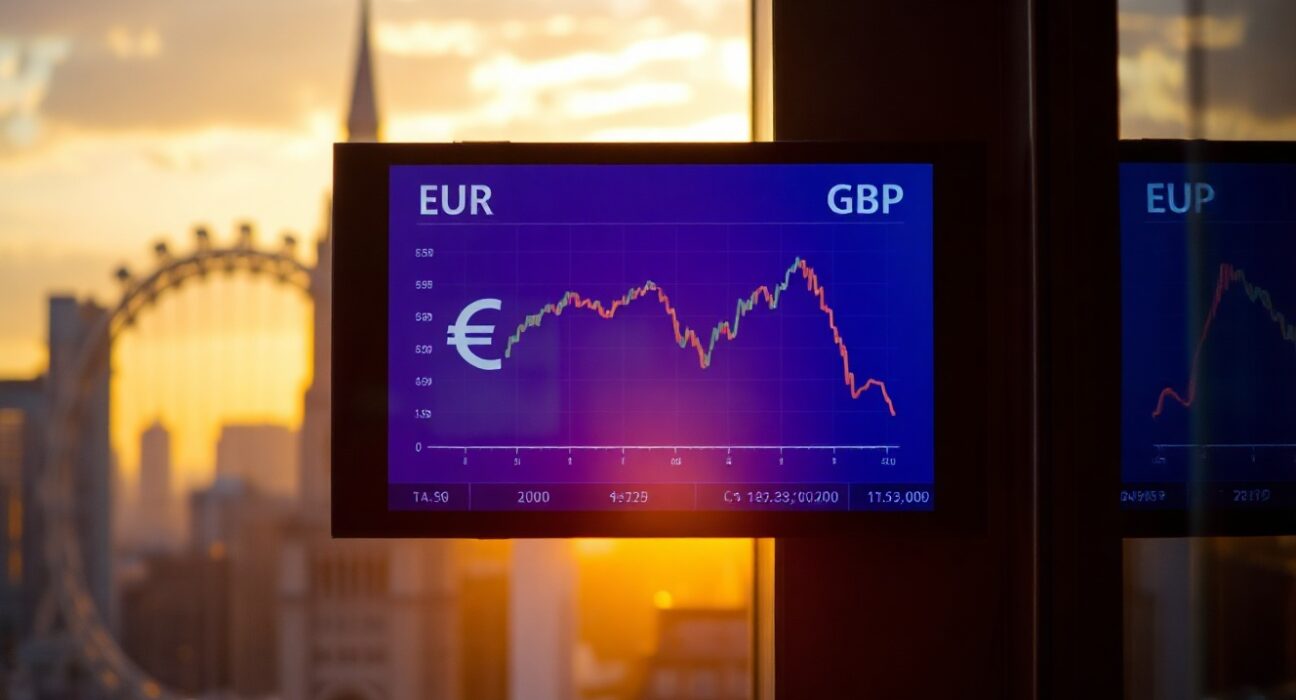 Euro and British pound currency exchange rate chart on a screen, with financial district in background