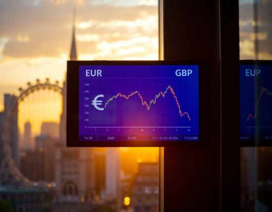 Euro and British pound currency exchange rate chart on a screen, with financial district in background