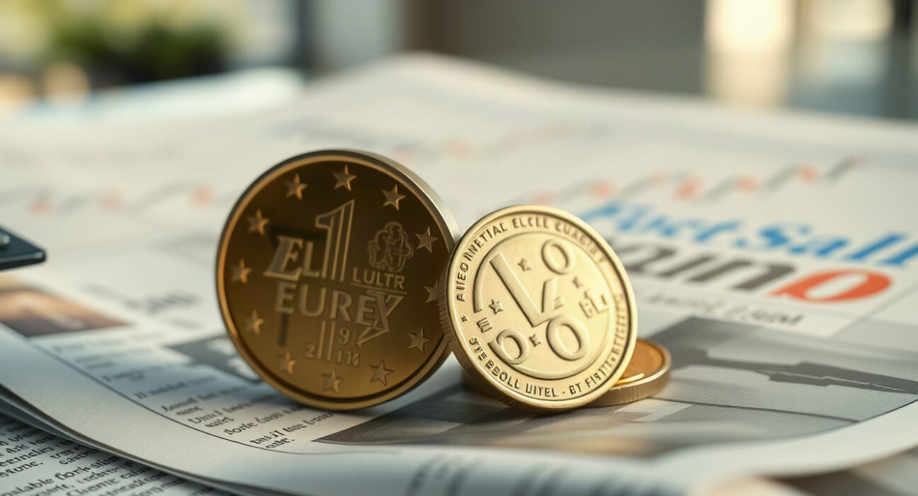 Euro and British pound coins on a financial newspaper, symbolizing EUR/GBP exchange rate movement.