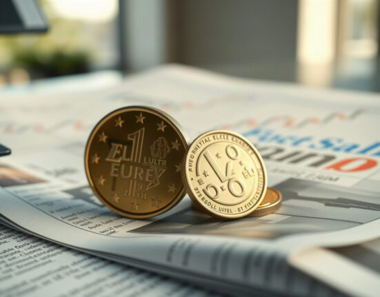 Euro and British pound coins on a financial newspaper, symbolizing EUR/GBP exchange rate movement.