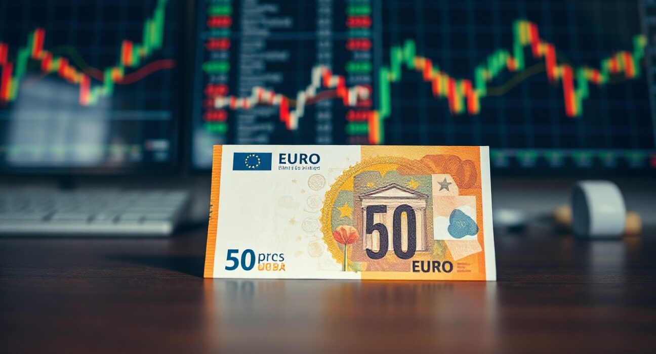 Close-up of a 50 euro banknote on a wooden surface with a blurred background of financial charts.