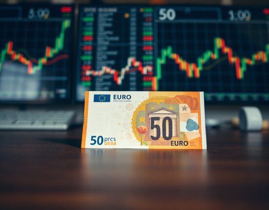 Close-up of a 50 euro banknote on a wooden surface with a blurred background of financial charts.