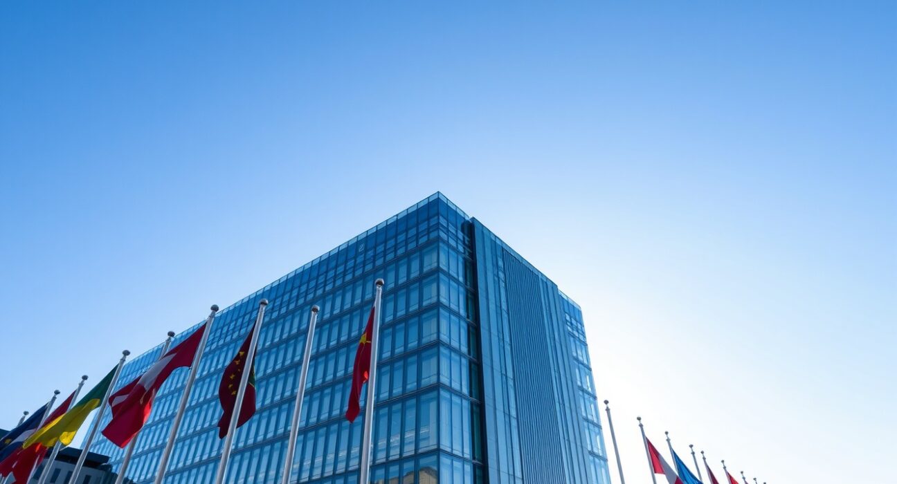 European Central Bank headquarters in Frankfurt on a sunny day with flags waving