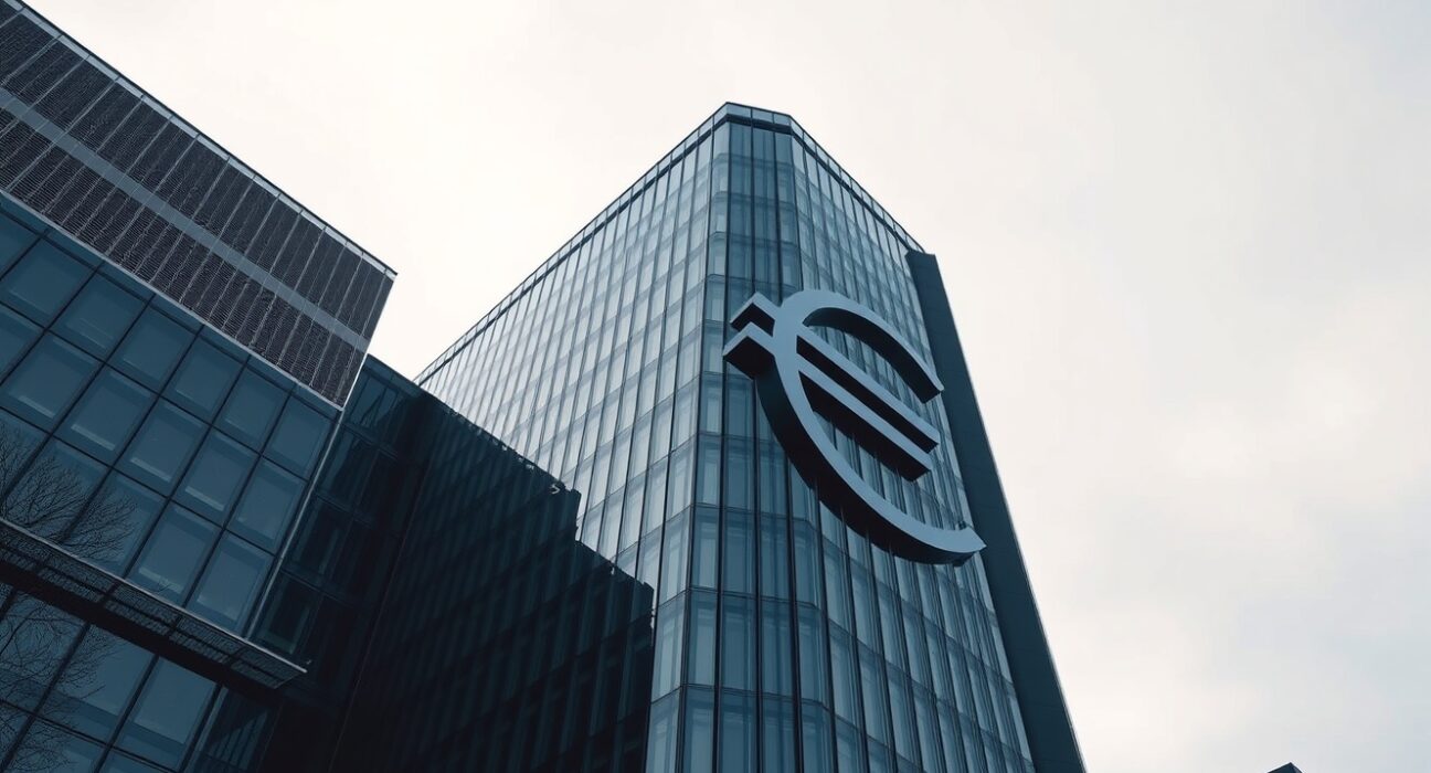 European Central Bank headquarters in Frankfurt under overcast sky, symbolizing euro currency resilience.