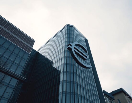 European Central Bank headquarters in Frankfurt under overcast sky, symbolizing euro currency resilience.