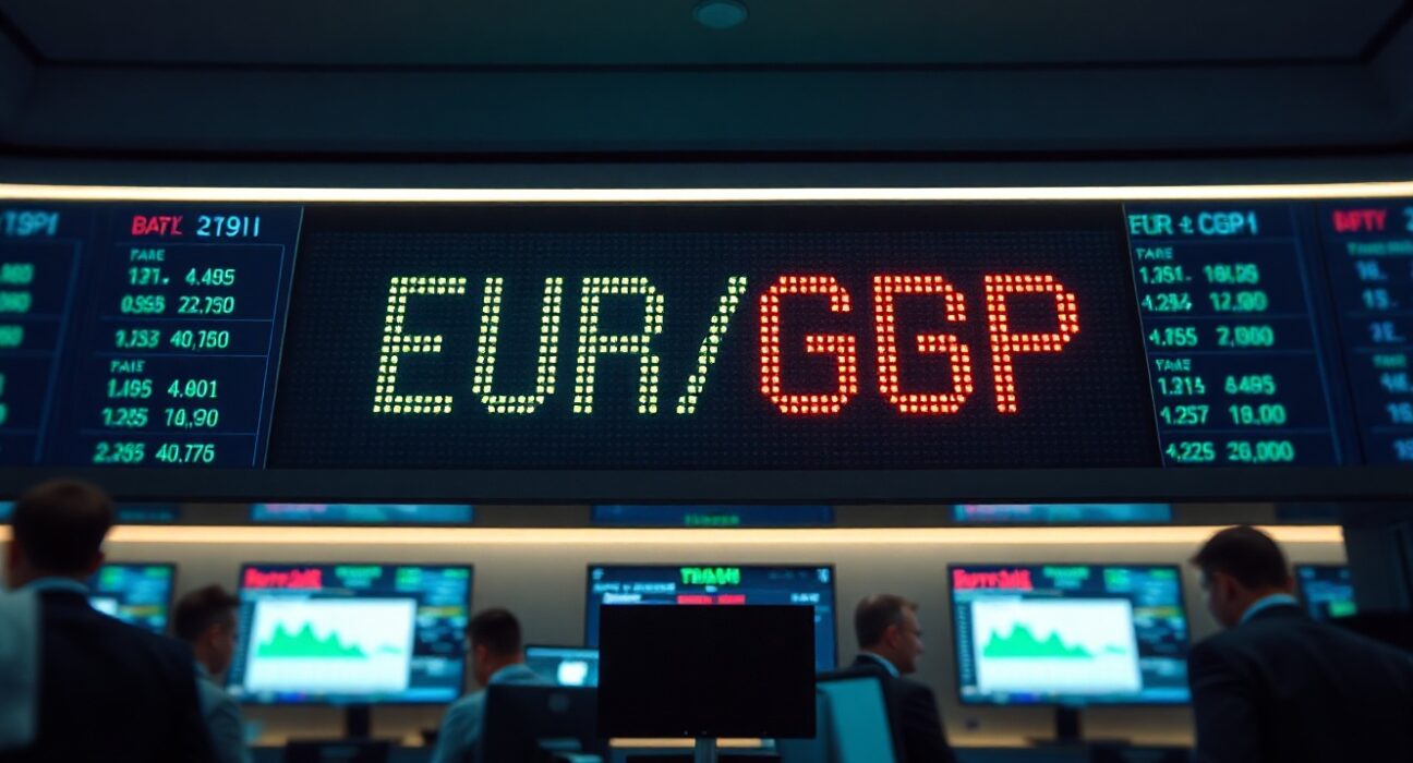 Digital trading screen showing EUR/GBP exchange rate in a modern financial setting