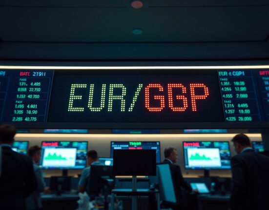 Digital trading screen showing EUR/GBP exchange rate in a modern financial setting