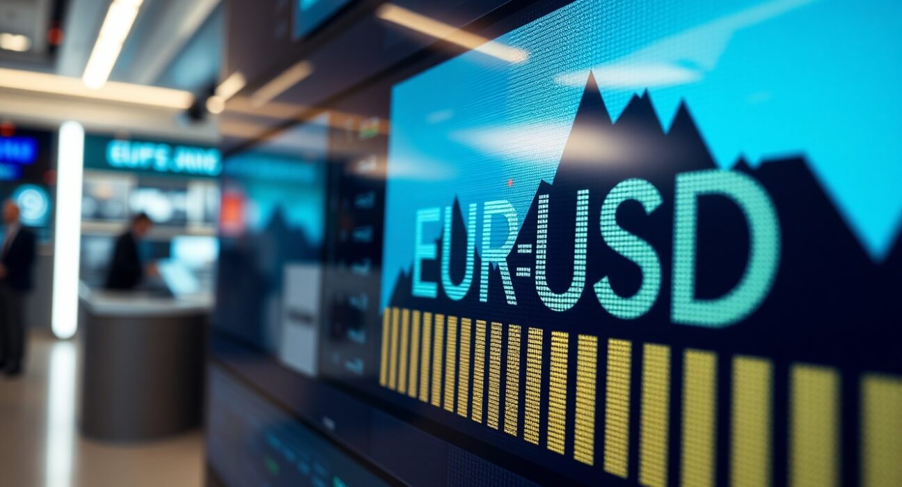 Digital trading screen showing EUR/USD exchange rate with financial market background