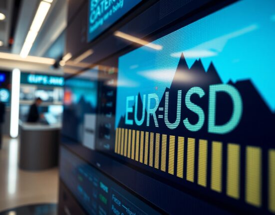 Digital trading screen showing EUR/USD exchange rate with financial market background