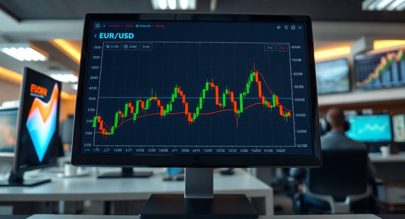 EUR/USD forex chart on a computer screen in a trading office