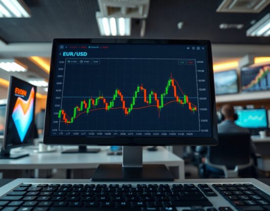 EUR/USD forex chart on a computer screen in a trading office