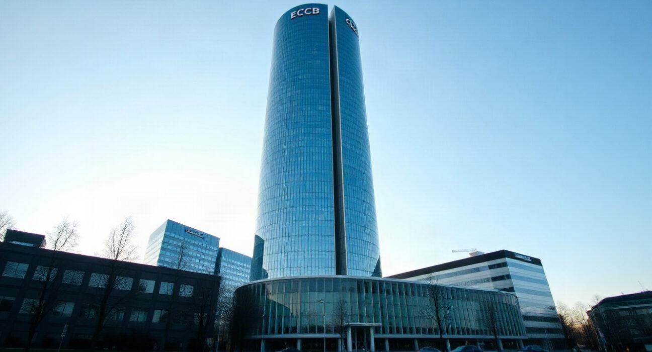 European Central Bank headquarters in Frankfurt on a clear day, symbolizing Eurozone monetary policy.