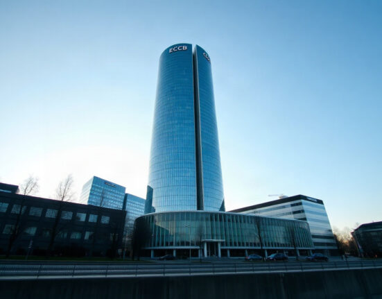 European Central Bank headquarters in Frankfurt on a clear day, symbolizing Eurozone monetary policy.