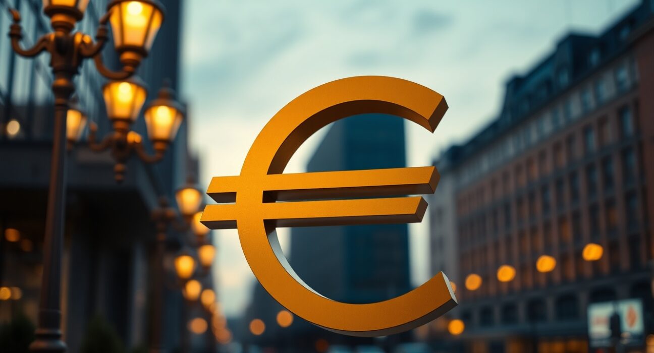 Euro currency symbol against a blurry financial district skyline at dusk