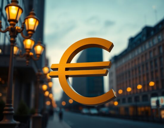 Euro currency symbol against a blurry financial district skyline at dusk