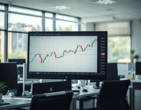 EUR/CAD forex chart on a monitor in a trading office