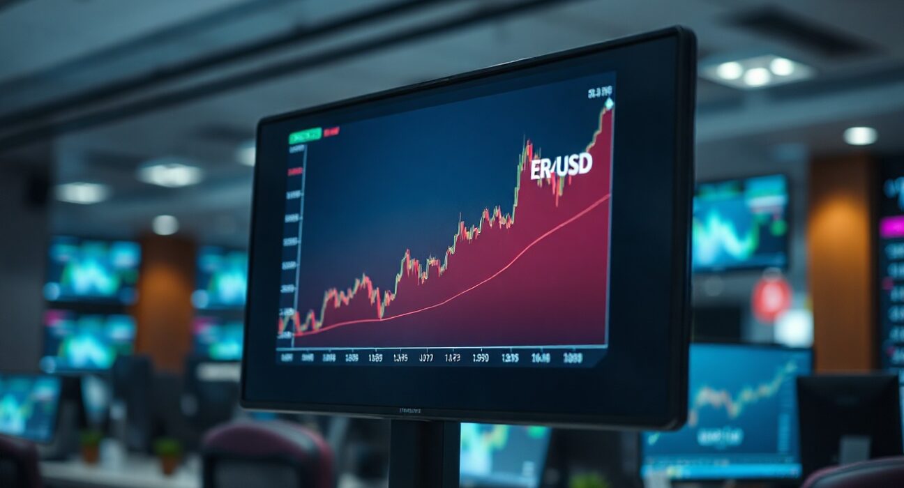 Euro and US dollar exchange rate chart on a trading screen, with a steady trend line, as markets await US CPI data.